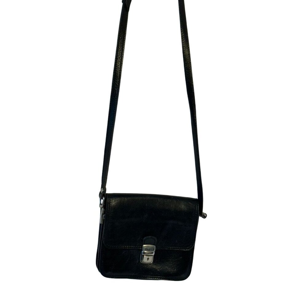 Vintage Italian Black Leather Crossbody Bag With Silver Buckle & Zipper Pocket